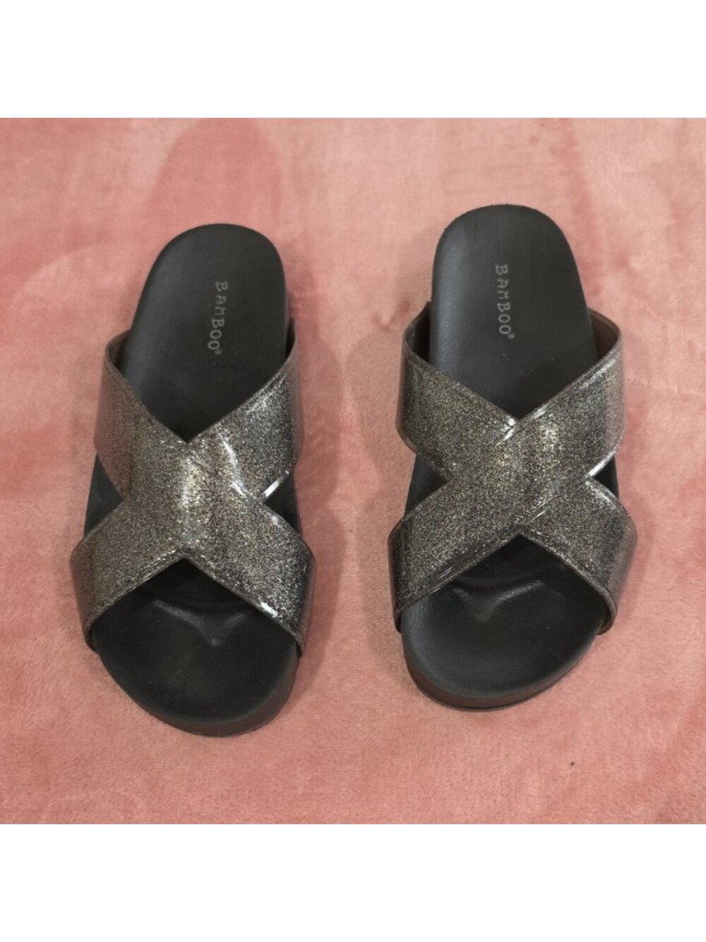 Bamboo Women’s Synthetic Slip-On Glitter Criss Cross Slide Sandals 7 Silver